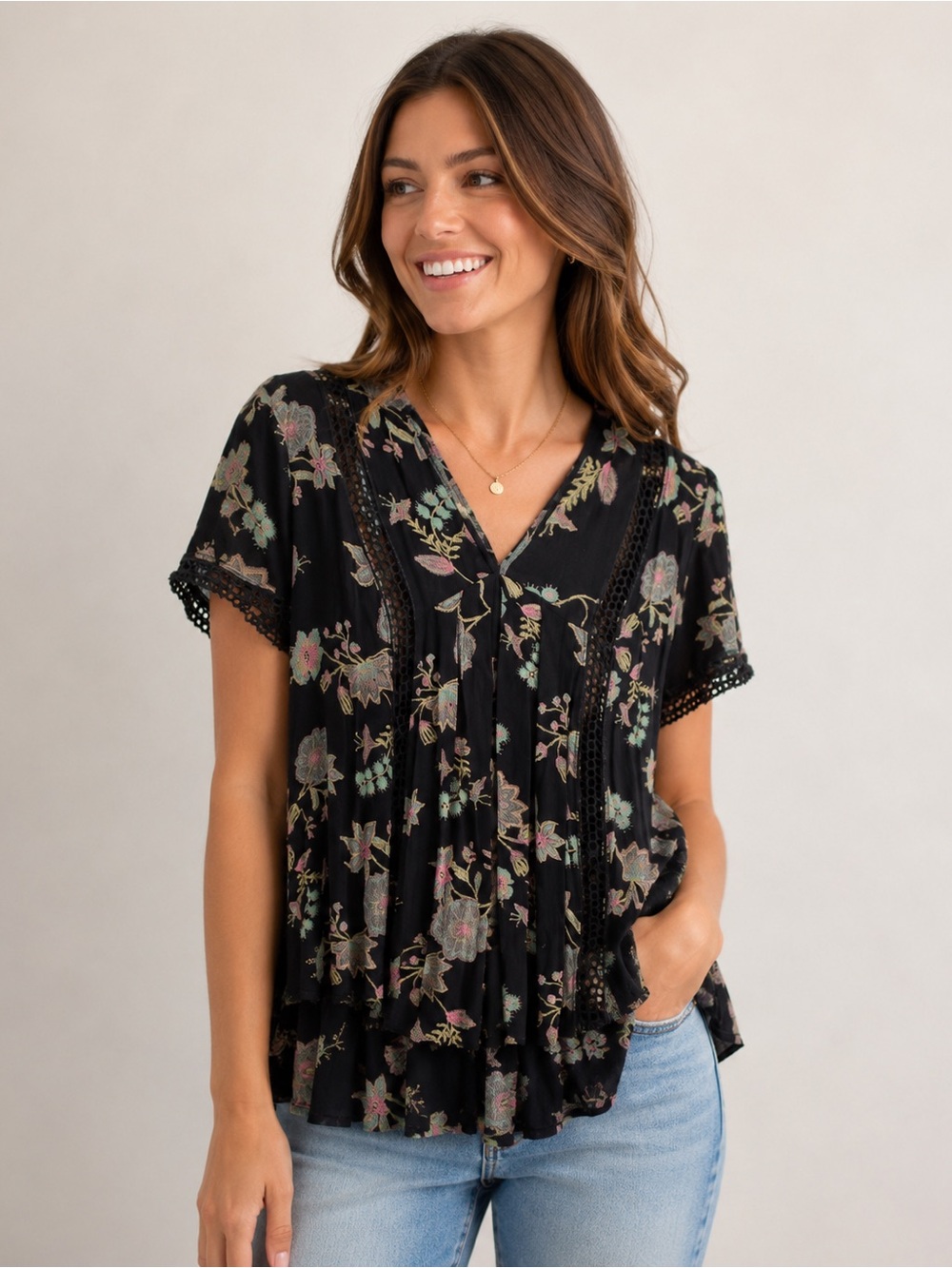 Free People Women’s XS Tunic Black Floral Boho Crochet High Low Festival‎ Top
